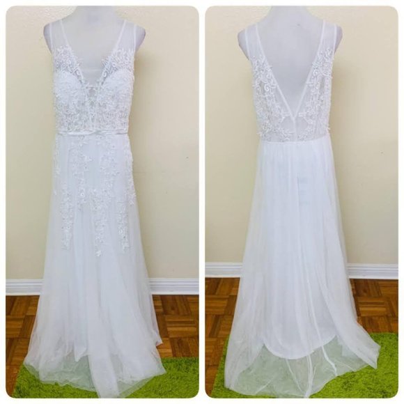 Ever Pretty V-Neck Lace Appliques Tulle Wedding Evening Gown Sz 16 White - Picture 2 of 11